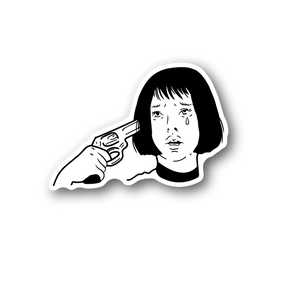 Vinyl sticker with illustrated woman holding a pistol, outlined in white