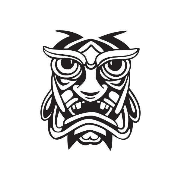 Sad fanged tiki decal with stylized black-and-white face, wide eyes and fangs