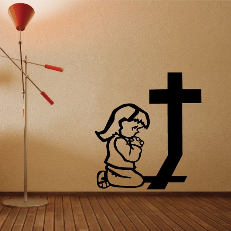 Praying girl and large cross wall decal in black line art