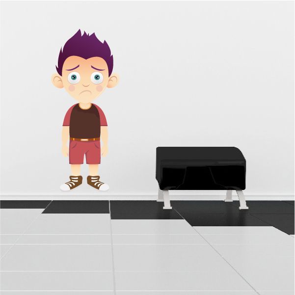 Cartoon boy sticker, purple hair, blue eyes, red shirt, shorts, white socks, brown shoes