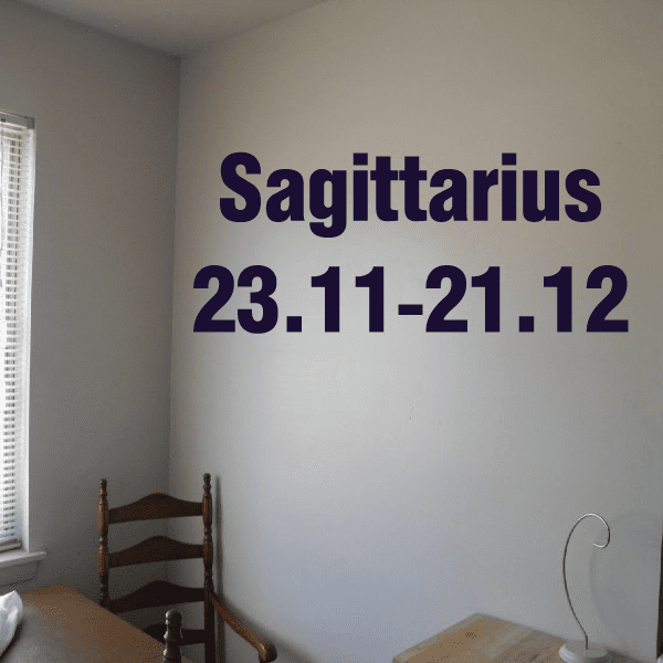 Sagittarius text and date wall decal with purple name and date 23.11-21.12