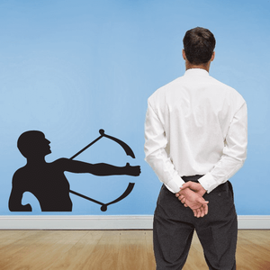 Archer silhouette wall decal with bow and arrow, dark design on light background