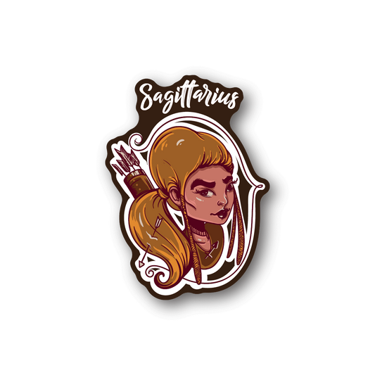 Sagittarius zodiac vinyl sticker with archer woman illustration and Sagittarius lettering