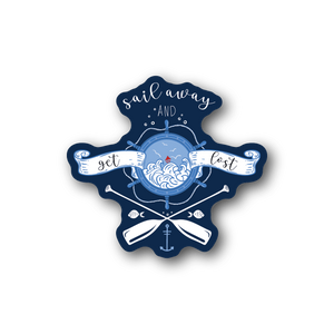 Nautical vinyl sticker with blue typography, compass, waves, crossed anchors