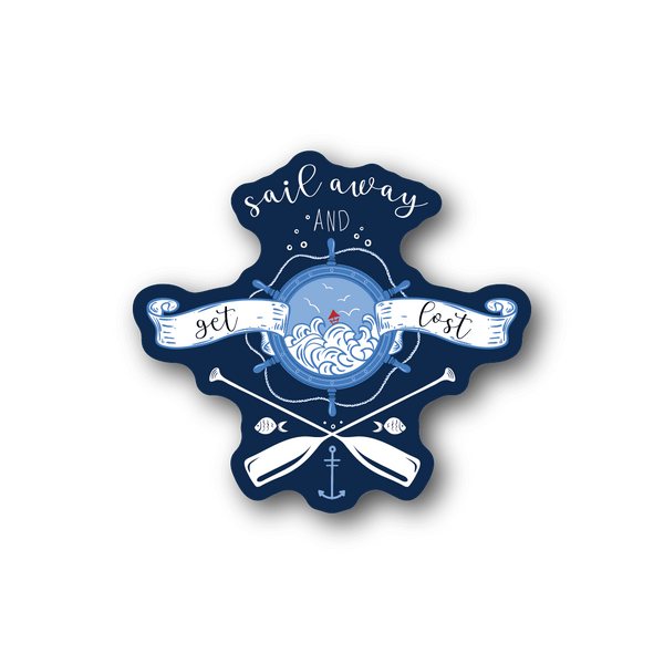 Nautical vinyl sticker with blue typography, compass, waves, crossed anchors