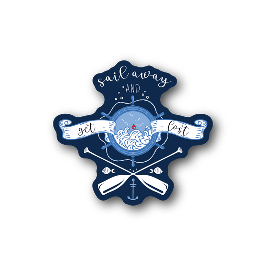 Nautical vinyl sticker with blue typography, compass, waves, crossed anchors