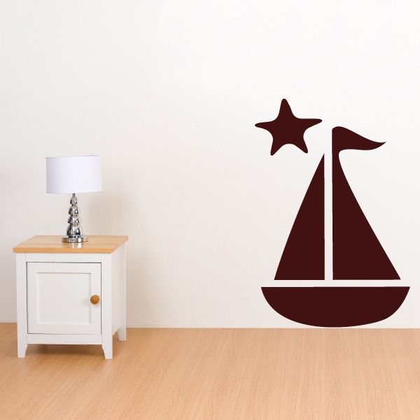 Sailboat and star wall decal in dark maroon