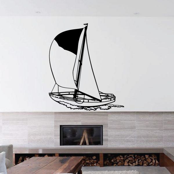 Sailboat wall decal with black sails and hull over wavy water, vinyl style