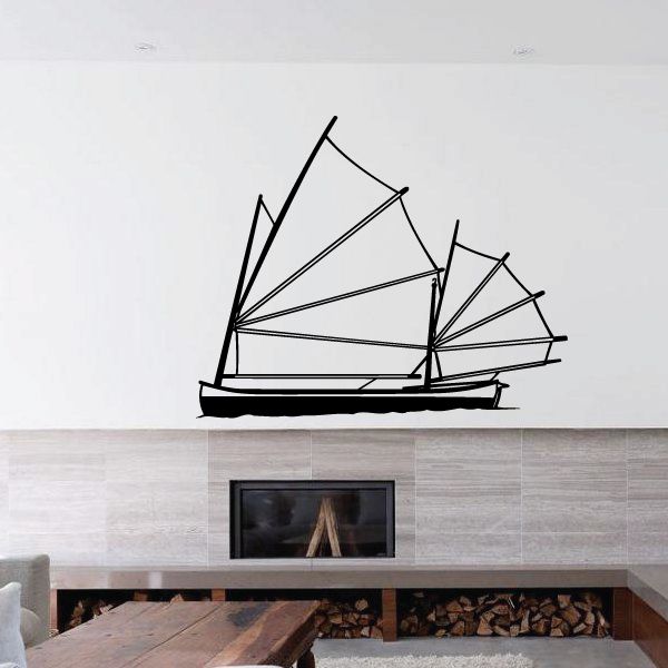 Large sailboat wall decal, black line art of sailboat with raised sails