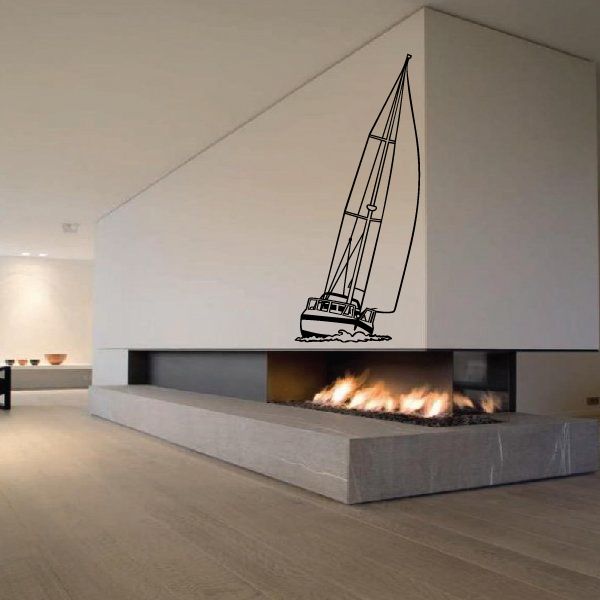 Sailboat wall decal vinyl with tall sail and small boat outline, black