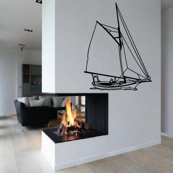 Large sailboat wall decal with black line-art sailing ship silhouette
