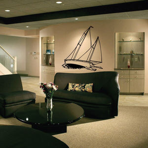 Vinyl sailboat wall decal with detailed sail rigging, black outline