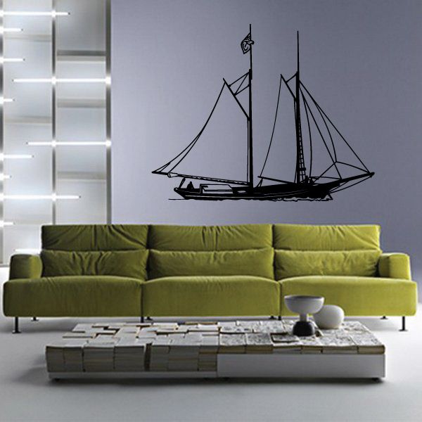 Black sailboat wall decal with detailed sails and mast, vinyl