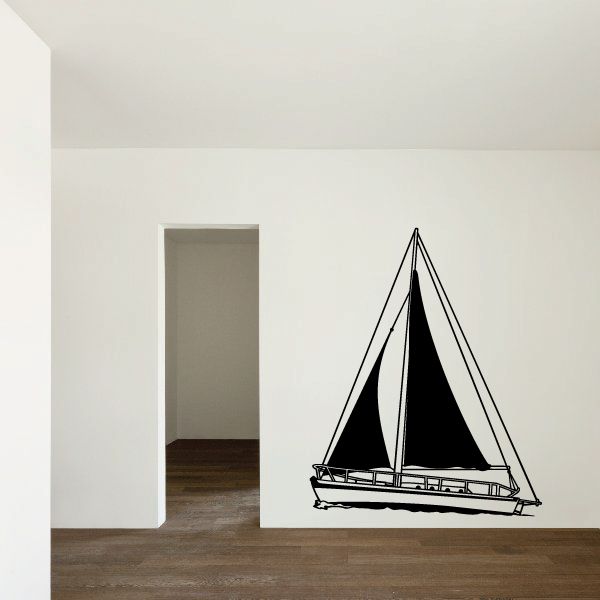 Sailboat wall decal featuring a black and white sailboat with mast and sails