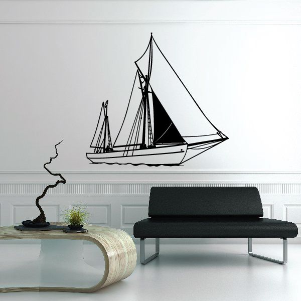 Black sailboat wall decal with tall sails and wavy hull