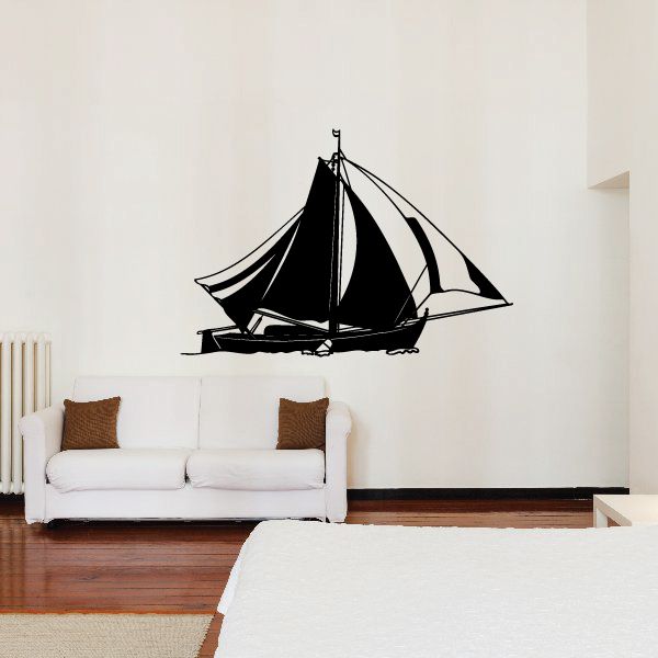 Black sailboat wall decal with raised sails and detailed rigging
