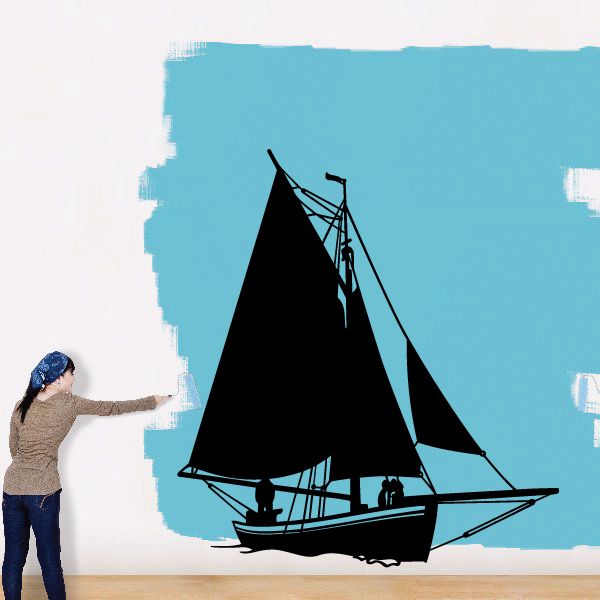 Black sailboat vinyl wall decal with blue accents