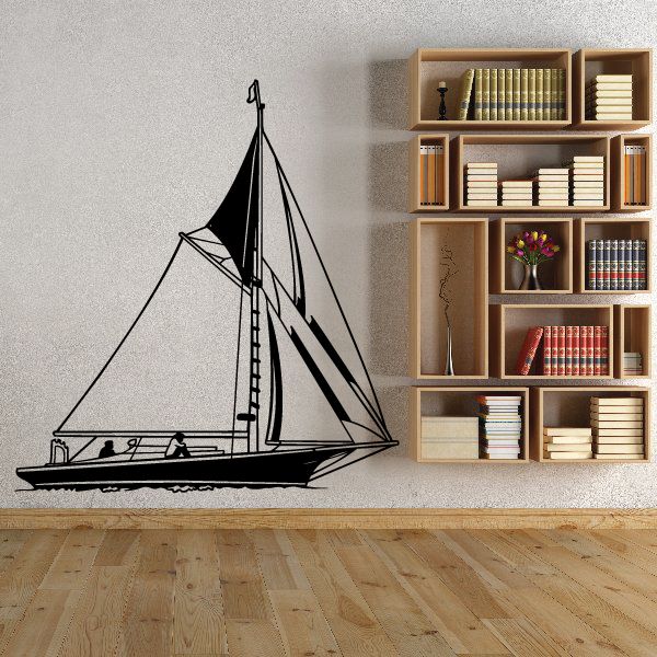 Large sailing ship wall decal, black line drawing with sails and mast.
