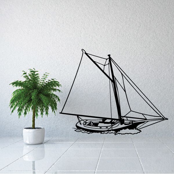 Large sailboat wall decal in black line art with sails and hull