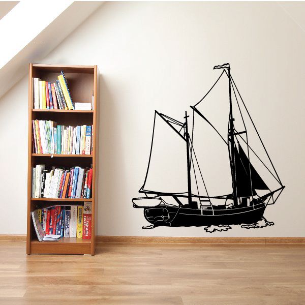 Sailboat wall decal, black vinyl outline of sailboat with raised sails and rigging