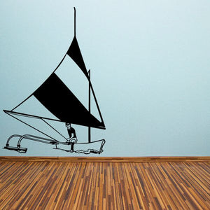 Sailboat wall decal vinyl sticker with black sail, hull, waves, and rower figure
