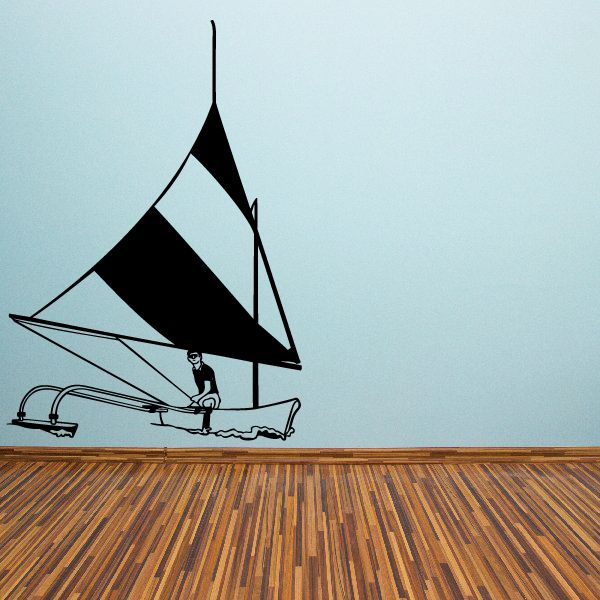 Sailboat wall decal vinyl sticker with black sail, hull, waves, and rower figure