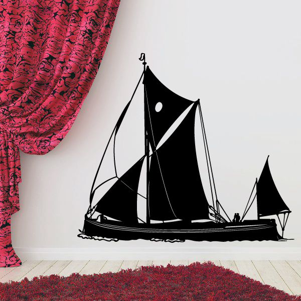 Black sailboat wall decal with white sails, vinyl