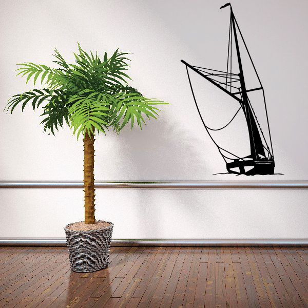 Black sailboat wall decal with white sails, vinyl style