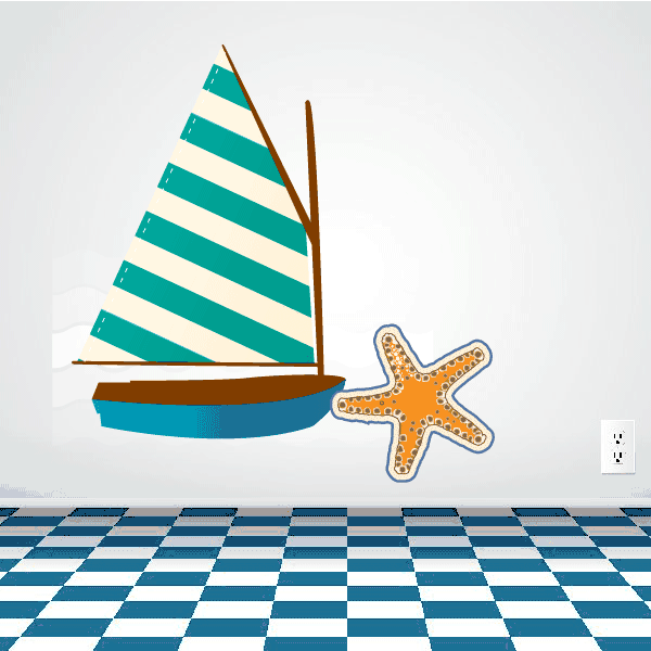 Sailboat and starfish printed decal with teal-and-white striped sails and outlined starfish