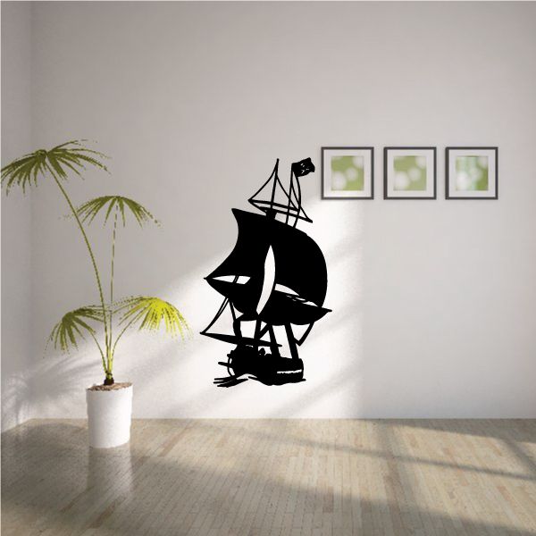 Pirate ship wall decal with sails and skull flag, black silhouette