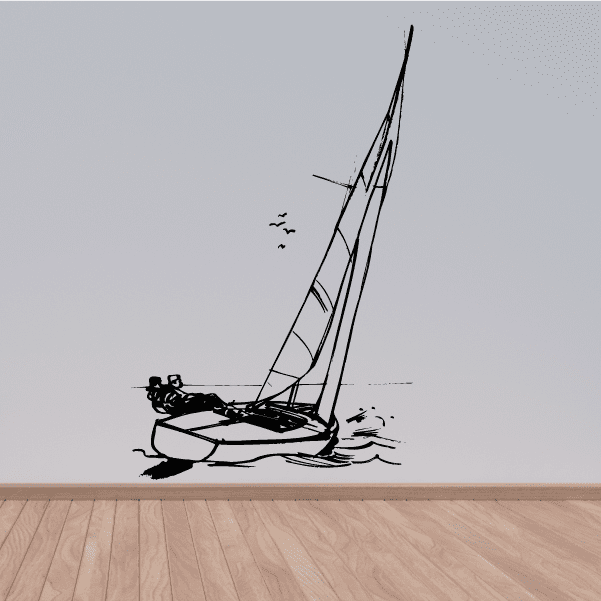 Sailing sailboat decal, black line art with sail and water splash