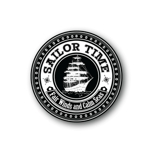 Circular vinyl sticker with sailboat graphic and Sailor Time lettering, black and white