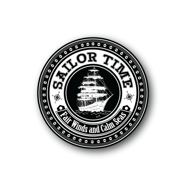 Circular vinyl sticker with sailboat graphic and Sailor Time lettering, black and white