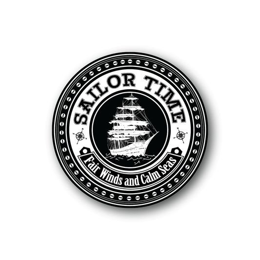 Circular vinyl sticker with sailboat graphic and Sailor Time lettering, black and white