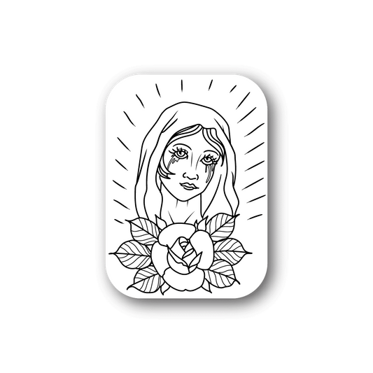 Vinyl sticker with saint portrait line art and flower, rounded rectangle border