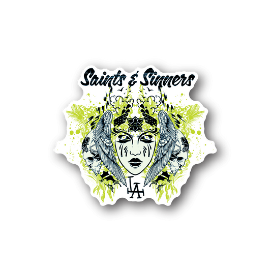 Vinyl sticker with illustrated angel face and devil crown, green and blue ink graphic