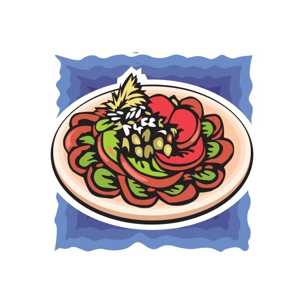Salad sticker with cartoon oval bowl of leafy greens, red tomatoes, and olive-like toppings