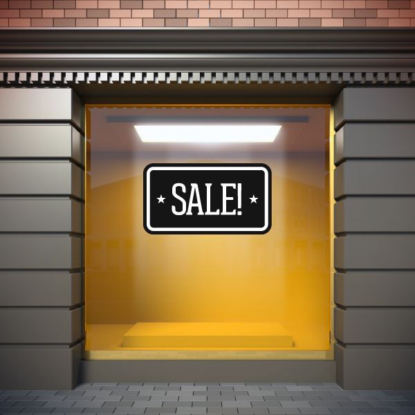SALE! badge wall decal in black with white lettering and star accents