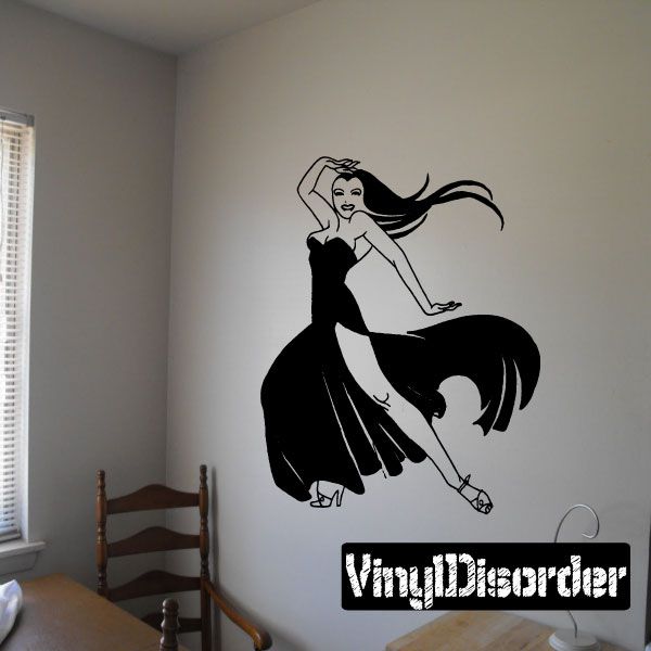 Salsa dancer wall decal with black silhouette, flowing hair and dress pose