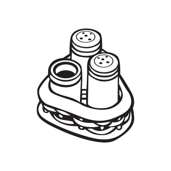 Salt and pepper shaker decal with stand, black line art outline