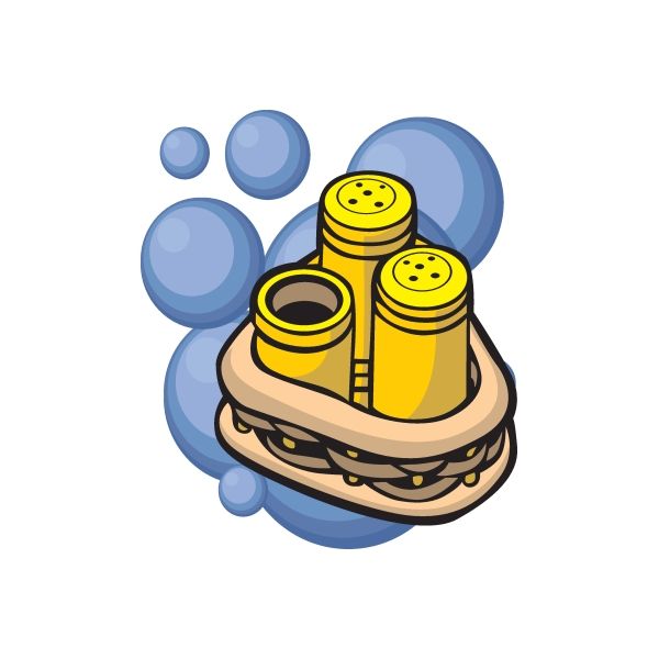 Salt and pepper shaker sticker with yellow shakers in a sandwich, blue dots