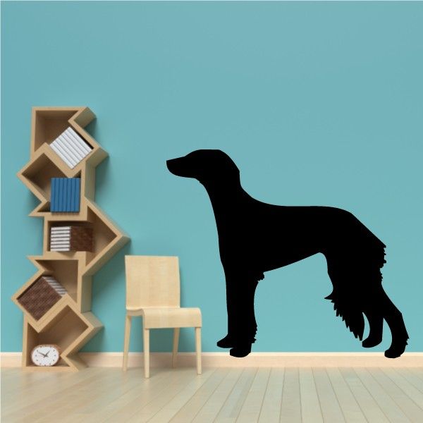 Saluki decal featuring a black dog silhouette standing on a flat surface