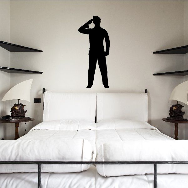 Saluting soldier wall decal, black silhouette of a standing soldier saluting