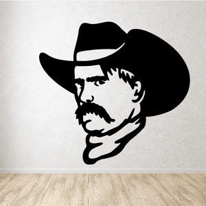 Sam Elliot cowboy face decal with black hat and beard, white features
