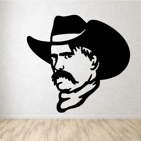 Sam Elliot cowboy face decal with black hat and beard, white features
