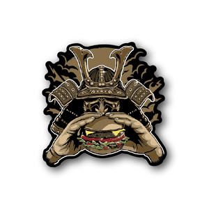 Samurai burger vinyl sticker with helmeted warrior holding a burger