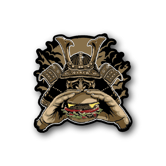 Samurai burger vinyl sticker with helmeted warrior holding a burger