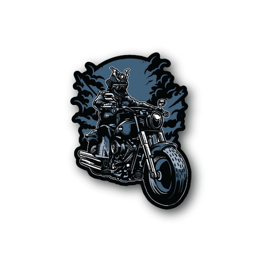 Samurai motorcycle rider vinyl sticker, blue and black action design