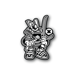 Vinyl sticker of a samurai trooper character holding a sword, with bold outline and cross emblem