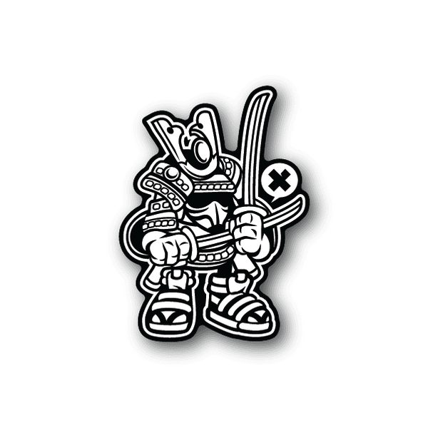Vinyl sticker of a samurai trooper character holding a sword, with bold outline and cross emblem